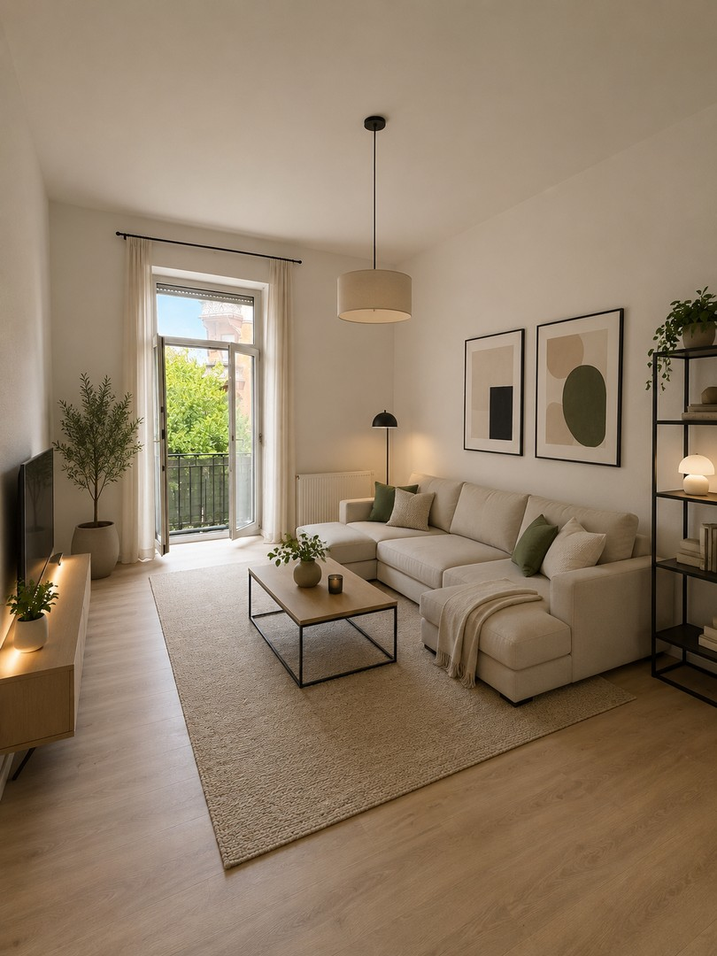 Wohnzimmer mit Balkon KI
