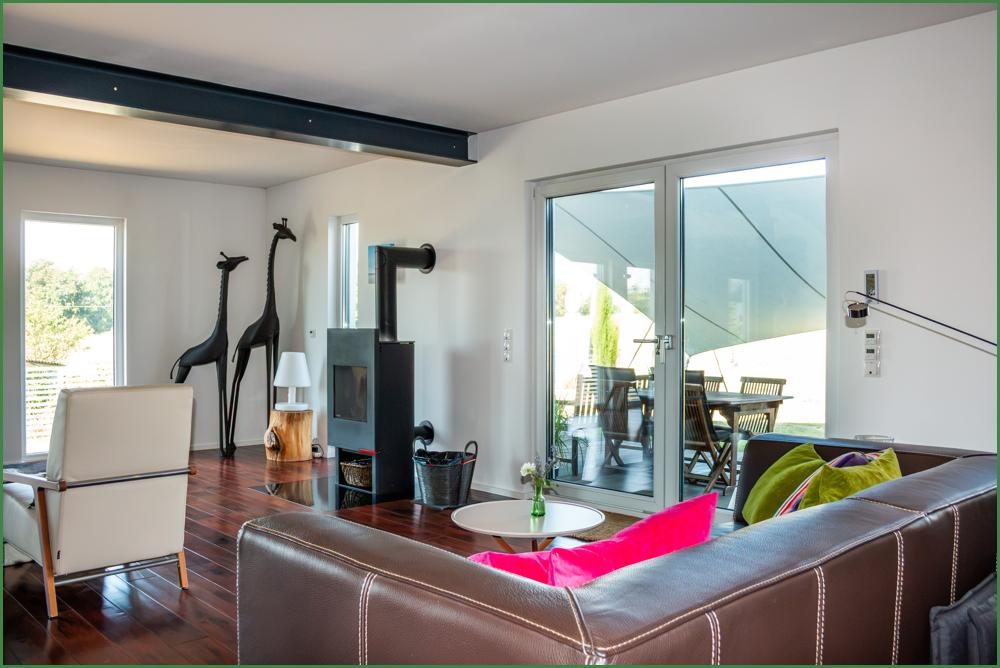 Wohnzimmer mit Blick auf Kamin und Terrassentür
