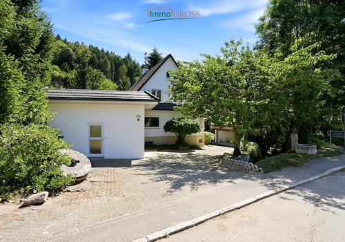 Das Haus von vorne mit Einfahrt