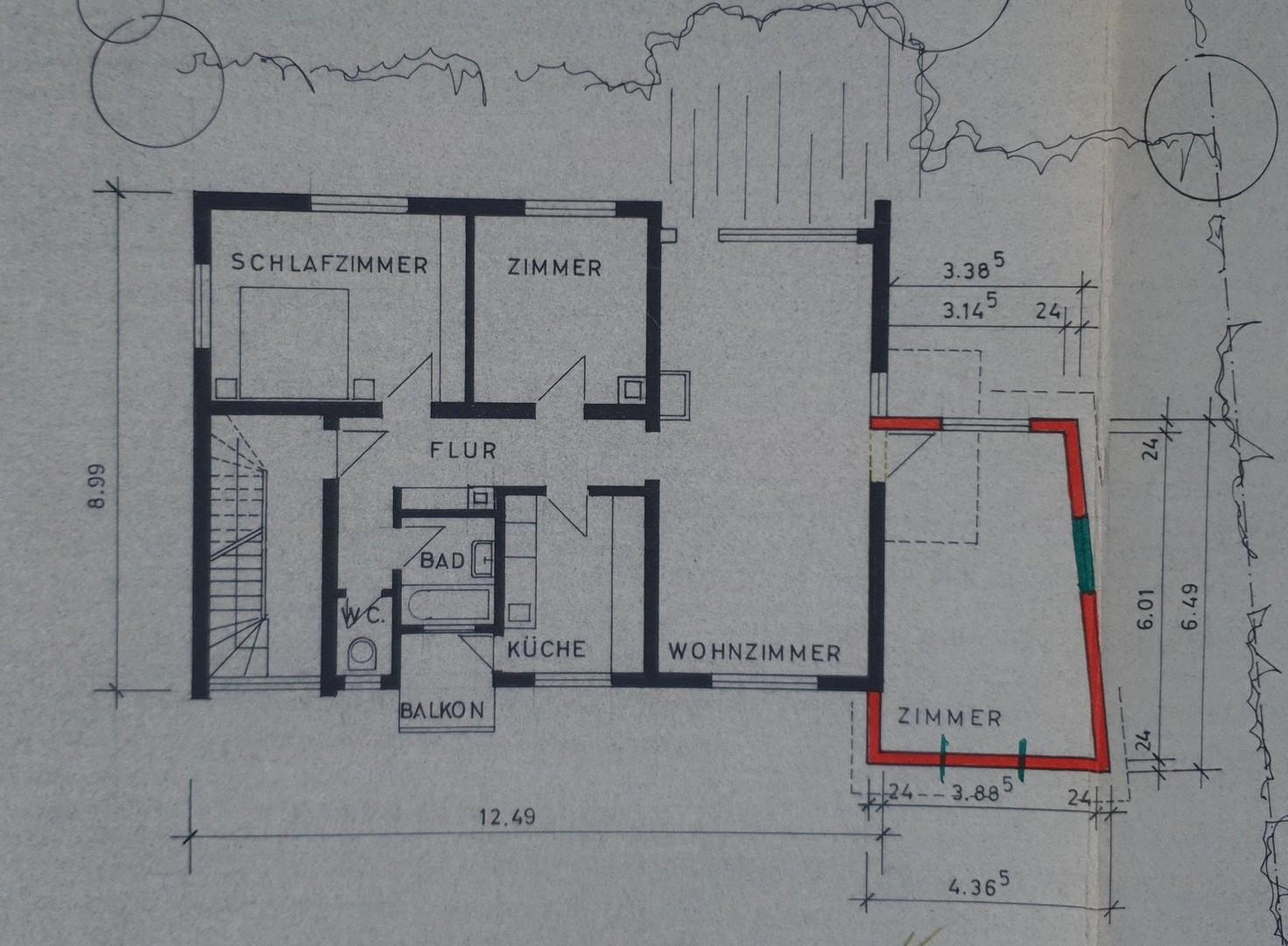 1OG Grundriss 1980 mit Anbau