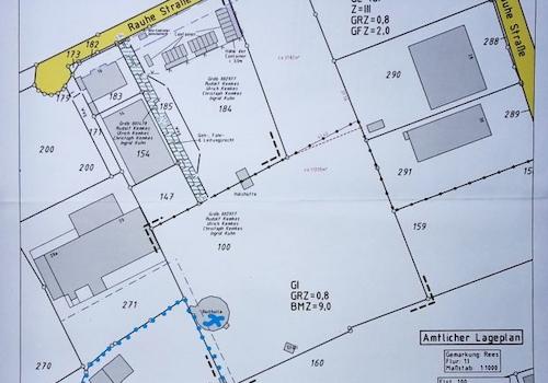Rauhe Str. 14, Rees, amtl. Lageplan markierte Grenzen