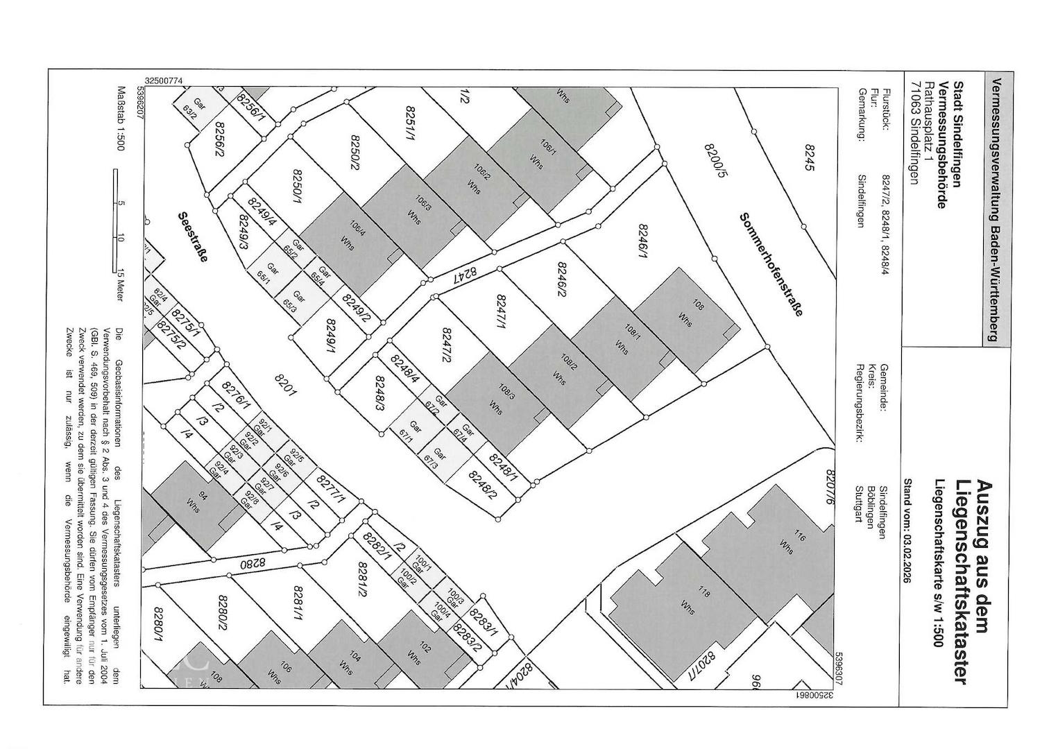Amtlicher Katasterplan Sommerhofenstr.108 und Garagen Seestr., 71067 Sindelfingen