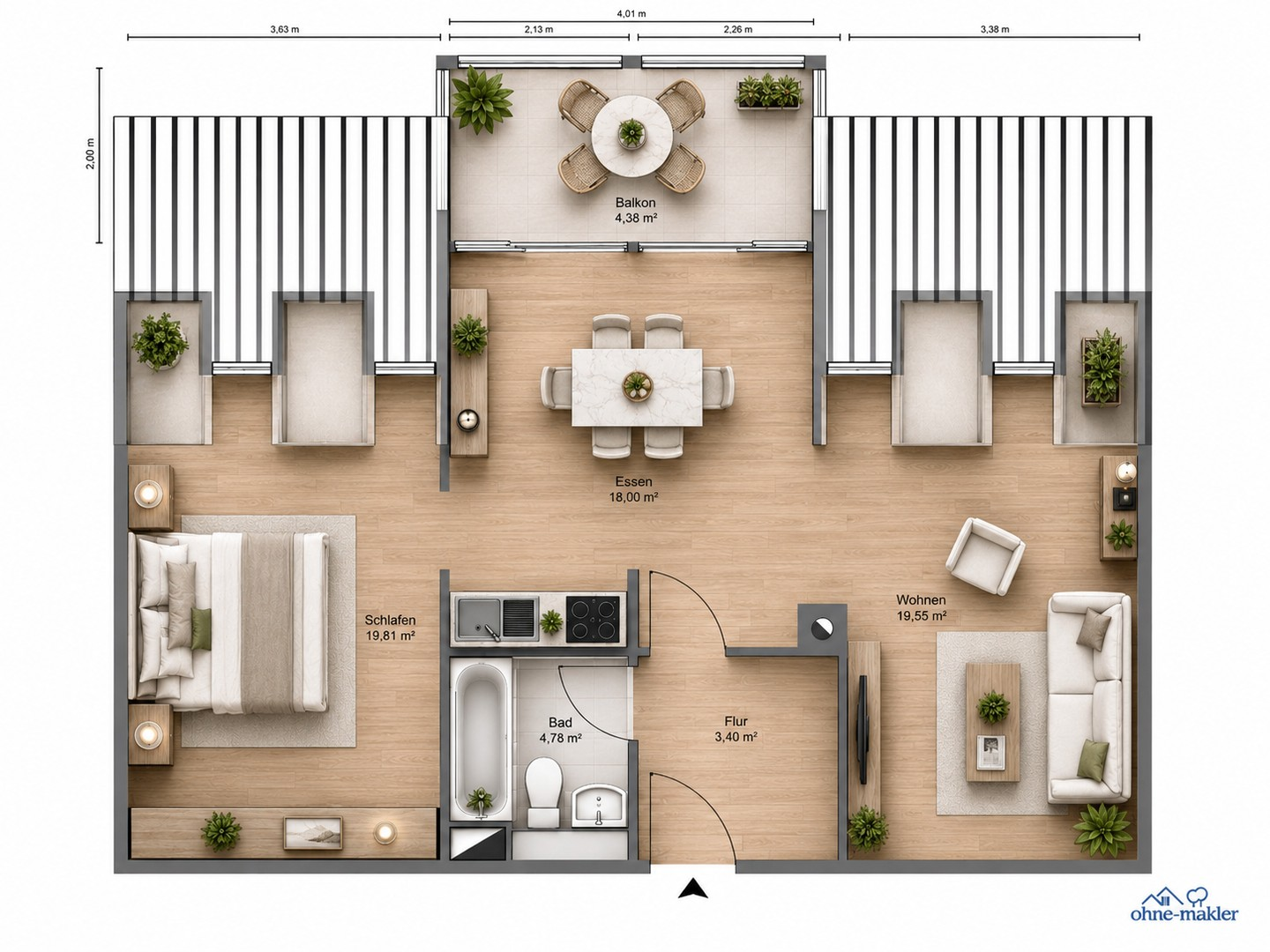 aktueller Grundriss 2-Zimmer