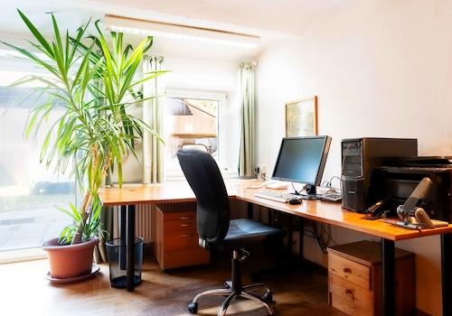 Das Büro im Erdgeschoss mit großen Fenstern und viel Tageslicht