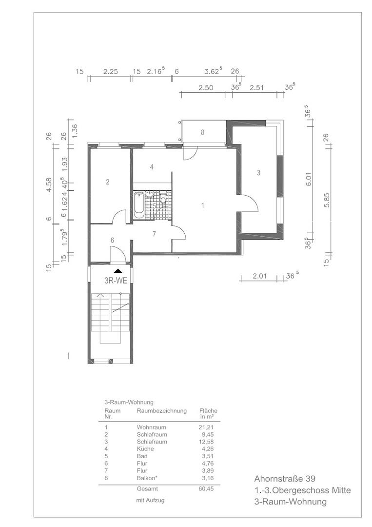 Ahornstraße 39 1.OG, 3-R-WE vermaßt