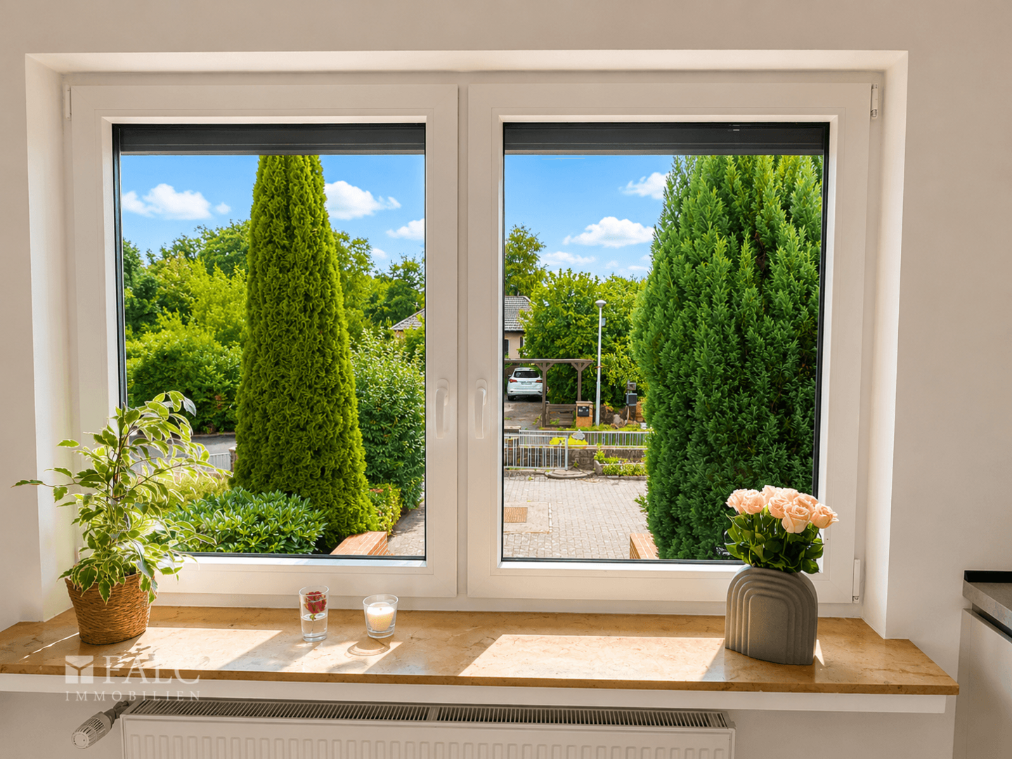 Ausblick aus der Küche in die Sackgasse und zu den Nachbarn