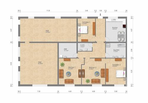Grundriss Wohnung + Stall