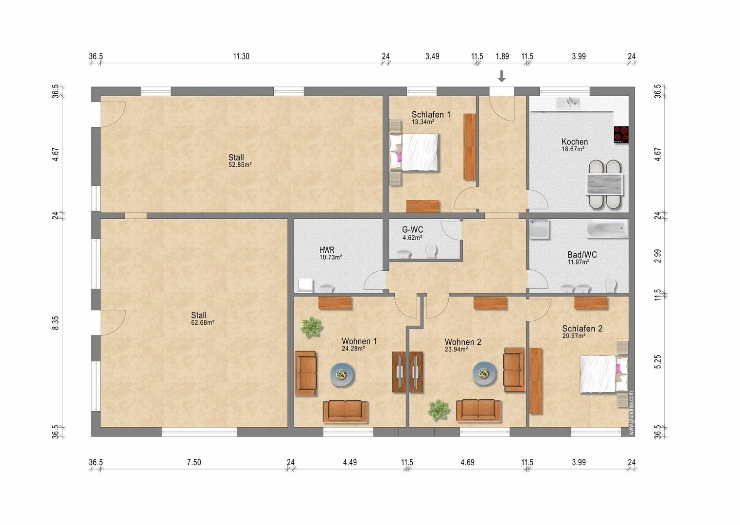 Grundriss Wohnung + Stall