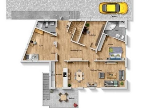 Visualisierter Plan Erdgeschoss Abweichung: Treppe vom Sonnenbalkon nicht existent