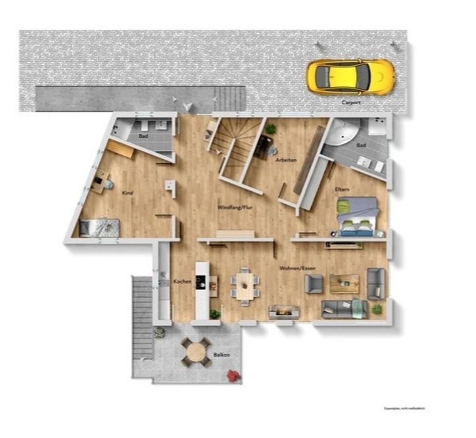 Visualisierter Plan Erdgeschoss Abweichung: Treppe vom Sonnenbalkon nicht existent