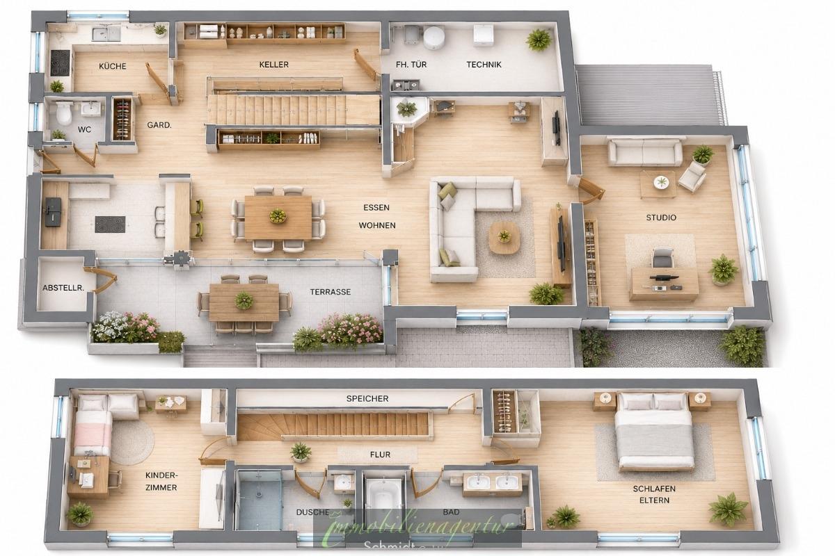 Grundrisse Maisonette KI - animiert - nicht exakt originalgetreu